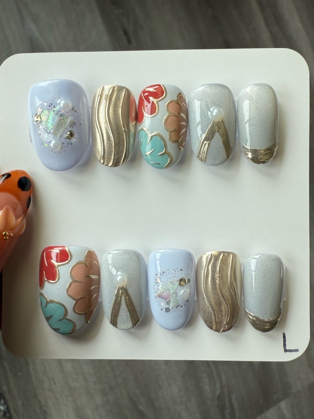 Hand-Painted Floral & Pearl Accent Press-On Nails – Light Blue & Gold